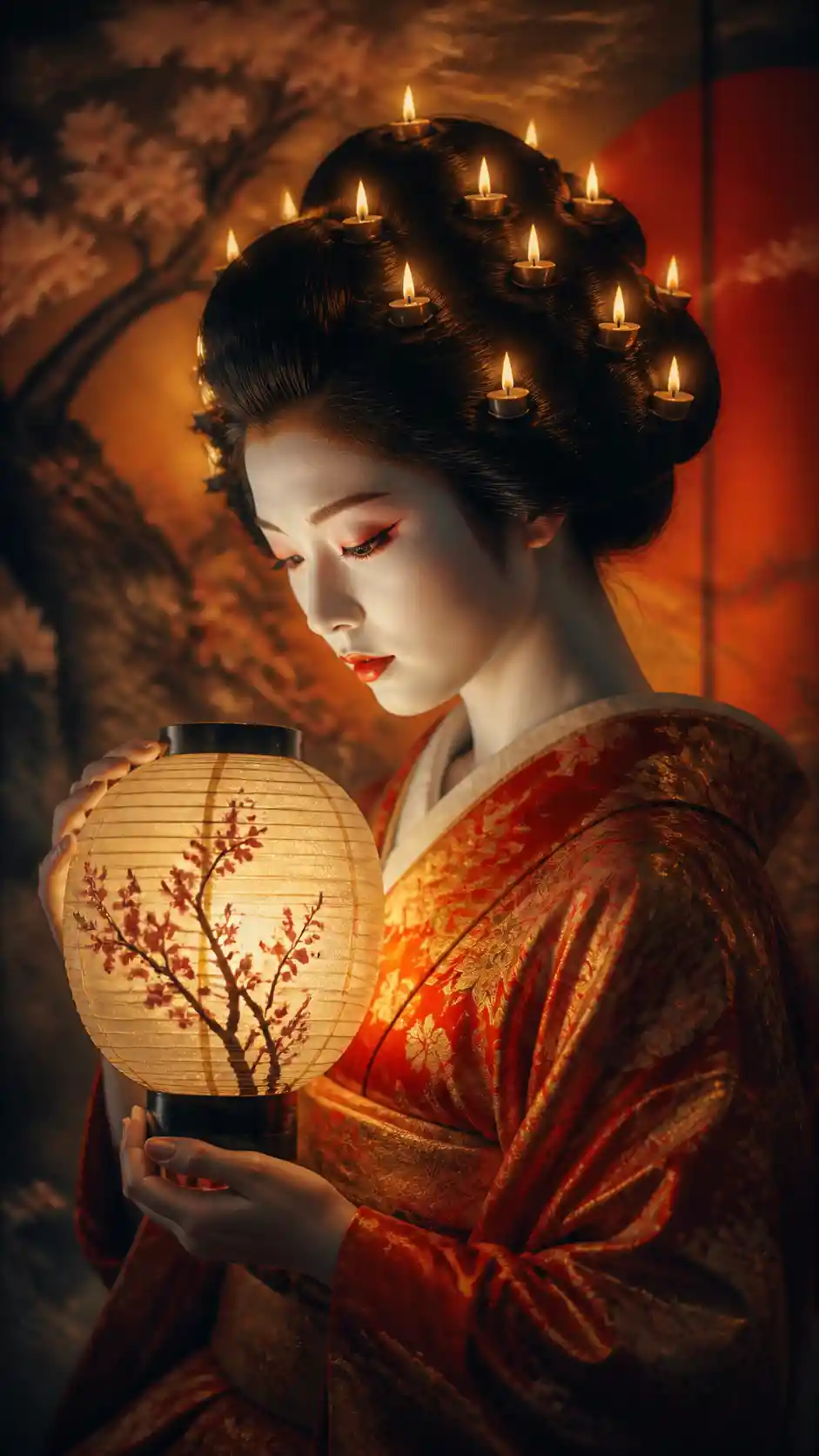 Surreal geisha portrait with candlelit hair and lantern
