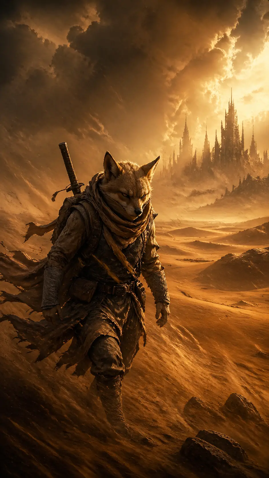 Guerrero zorro del desierto antropomórfico en una violenta tormenta de arena