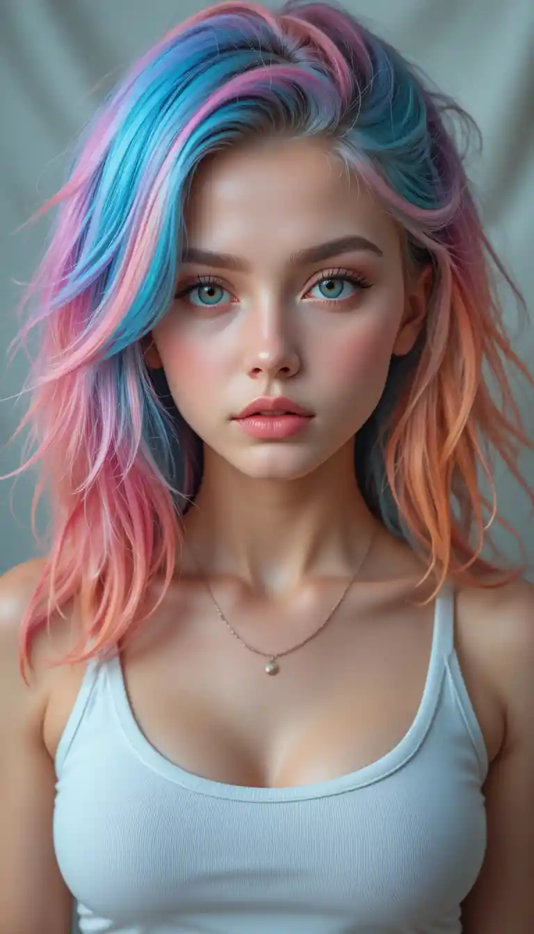 Girl with pastel wild hair and serious green eyed gaze