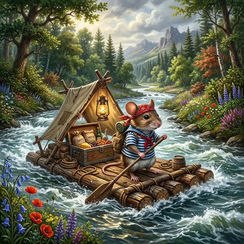Mouse sailor rafting down a wild forest river