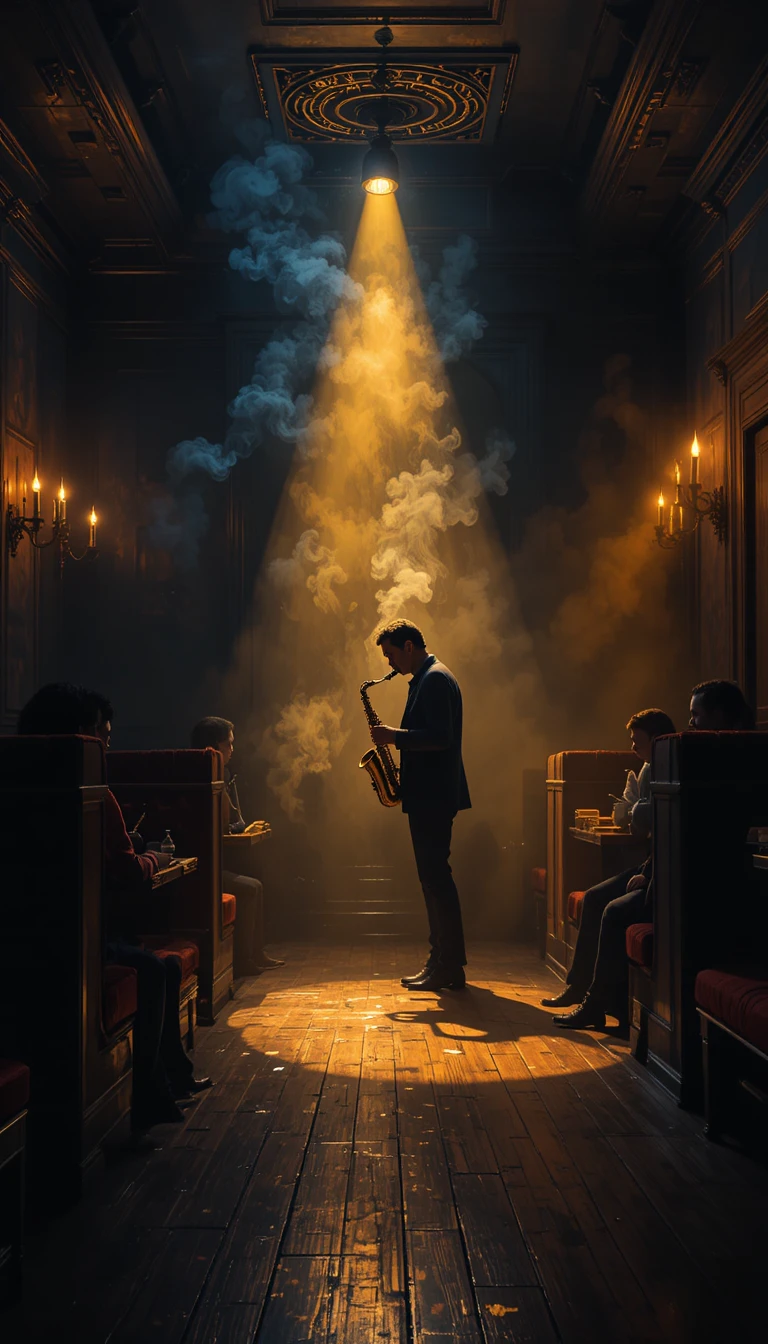 Lone saxophonist under warm spotlight in smoky jazz club