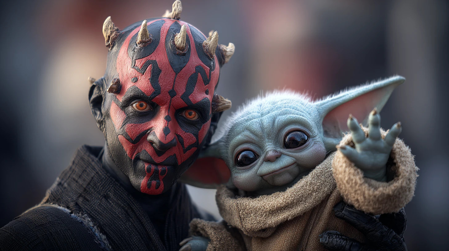 Darth Maul and Grogu waving together for Star Wars Day
