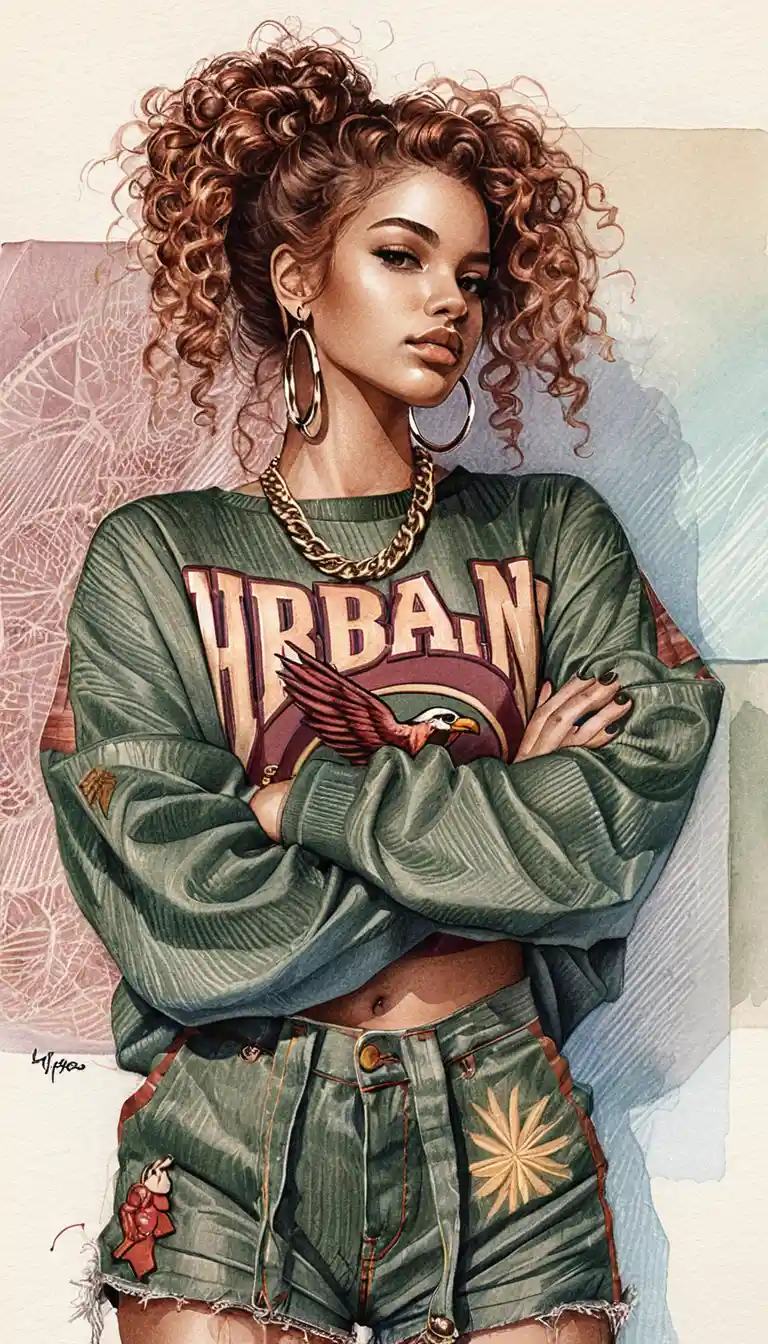 Confident woman in vintage streetwear fashion illustration