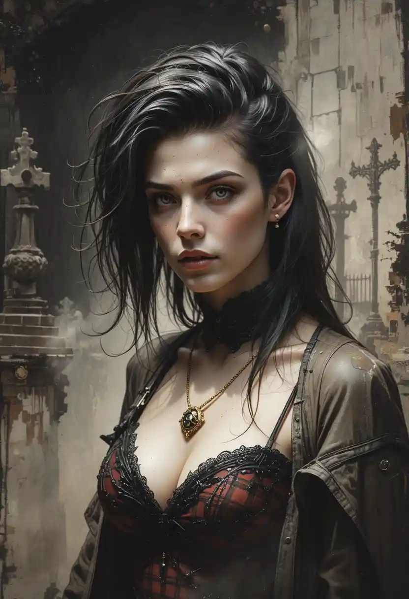 Gothic woman in a graveyard with mullet hair portrait