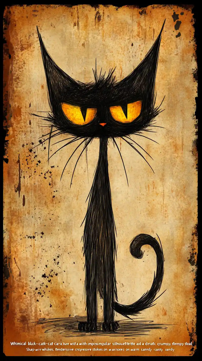 Moody Black Cat Caricature With Glowing Yellow Eyes