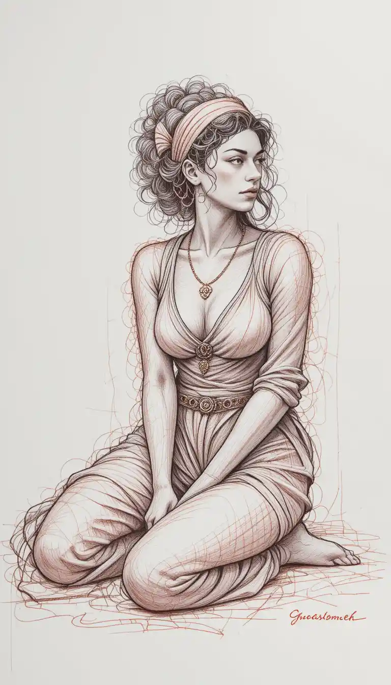 Figure drawing of a seated young woman in thoughtful pose