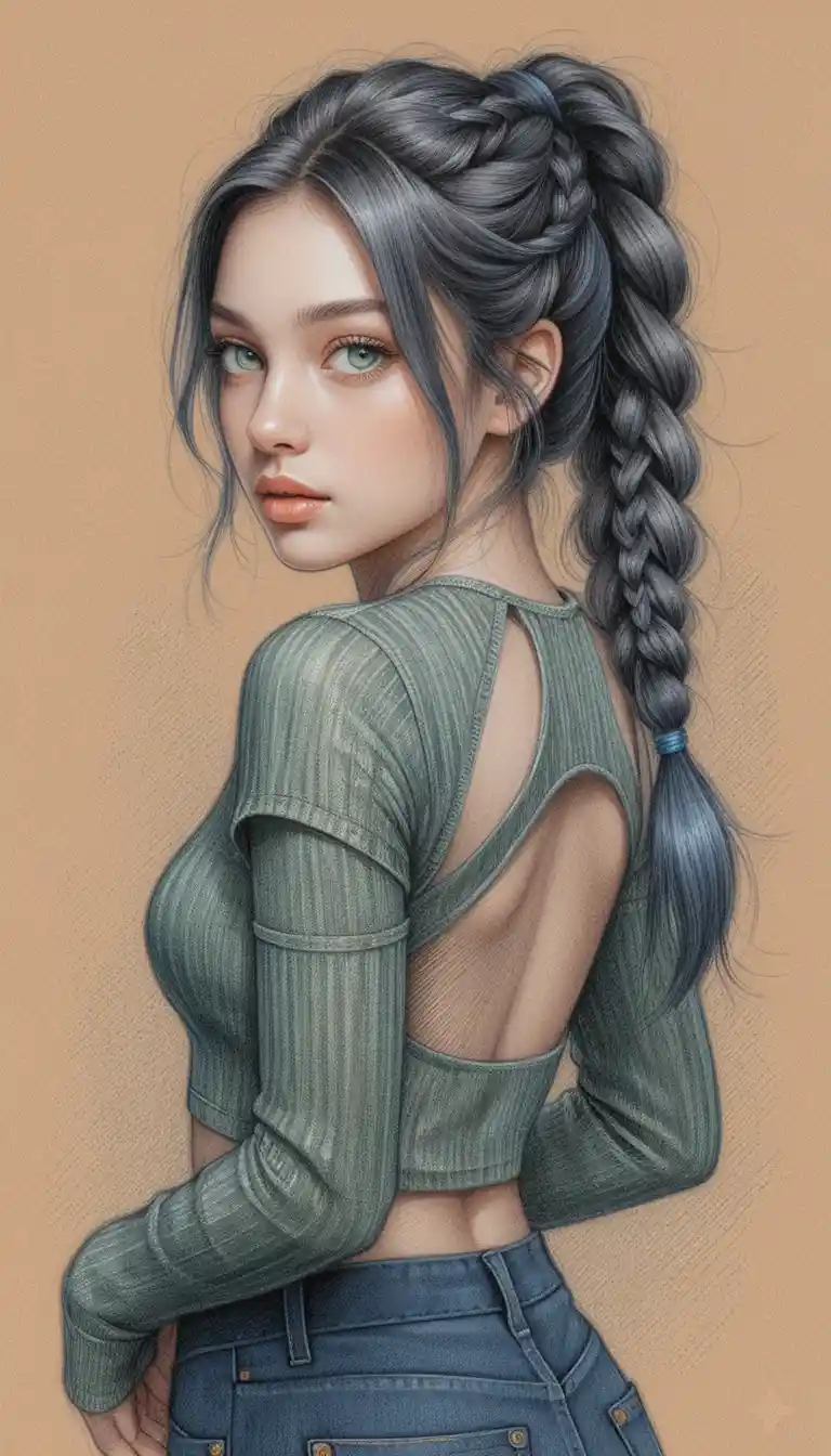 Stylish anime woman glancing back in fashion illustration