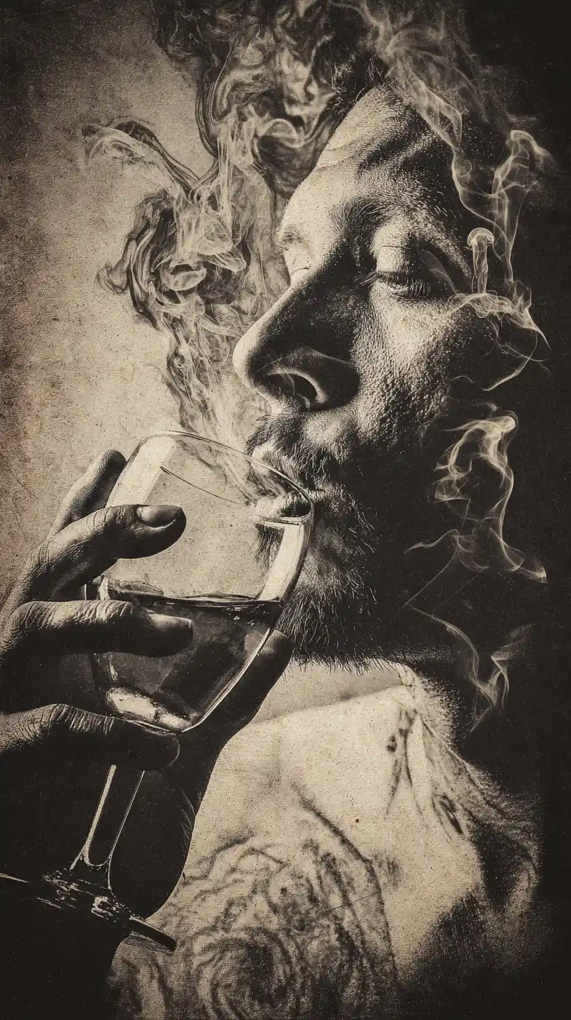 Man relaxing while sipping from a large liquor bottle