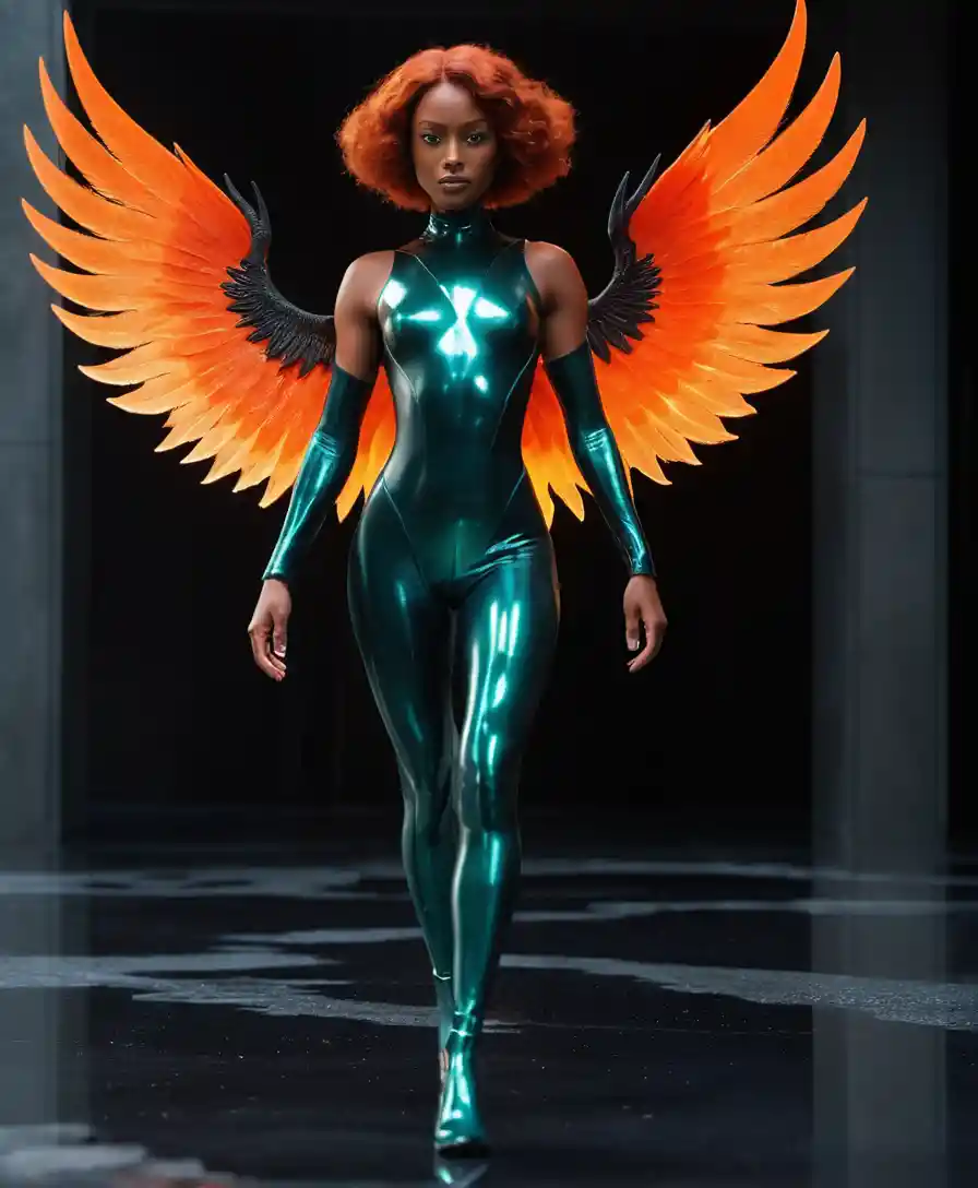 Predatory stride of a winged woman on a glass void