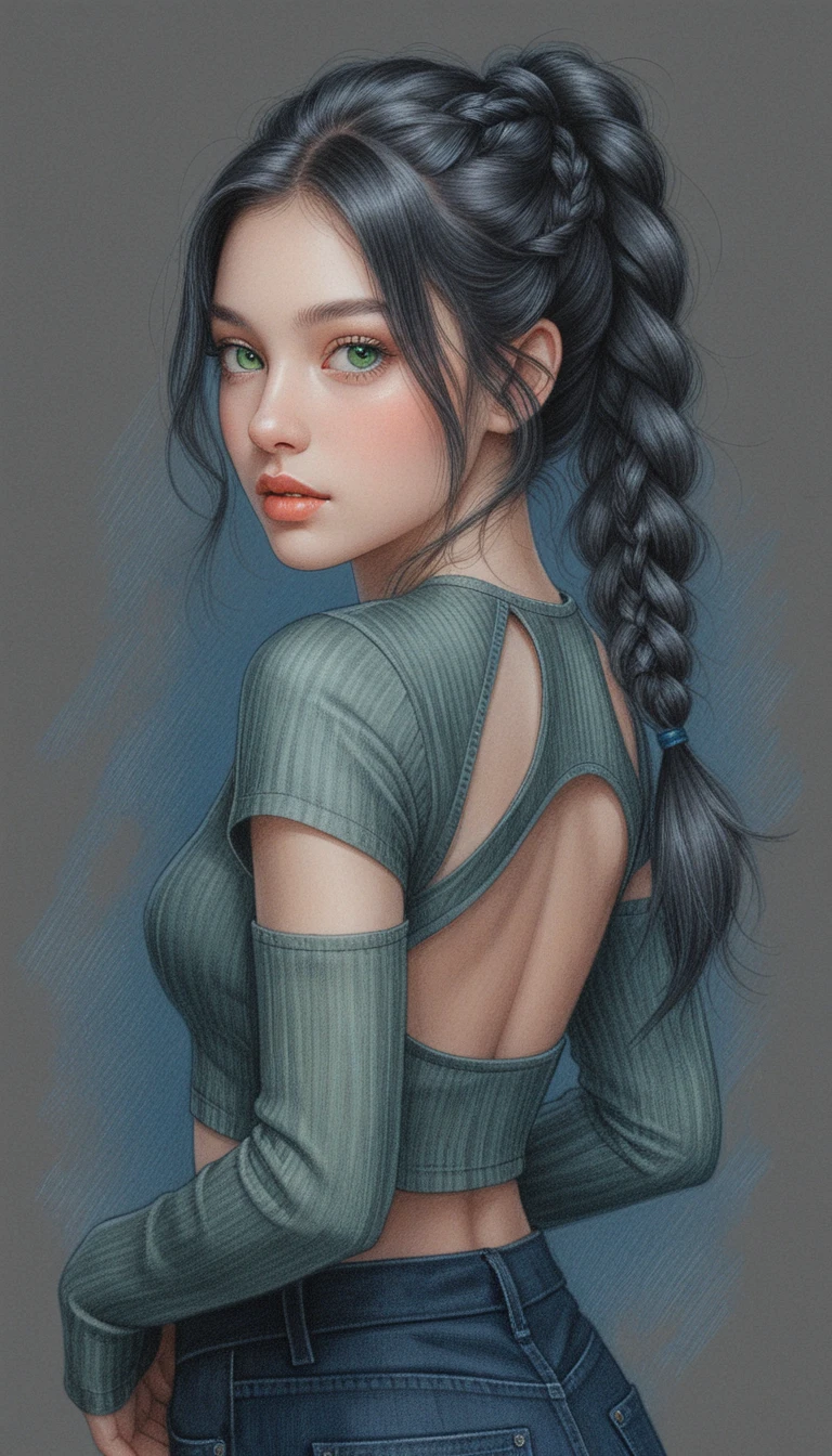 Stylish anime woman in back pose with braided hair