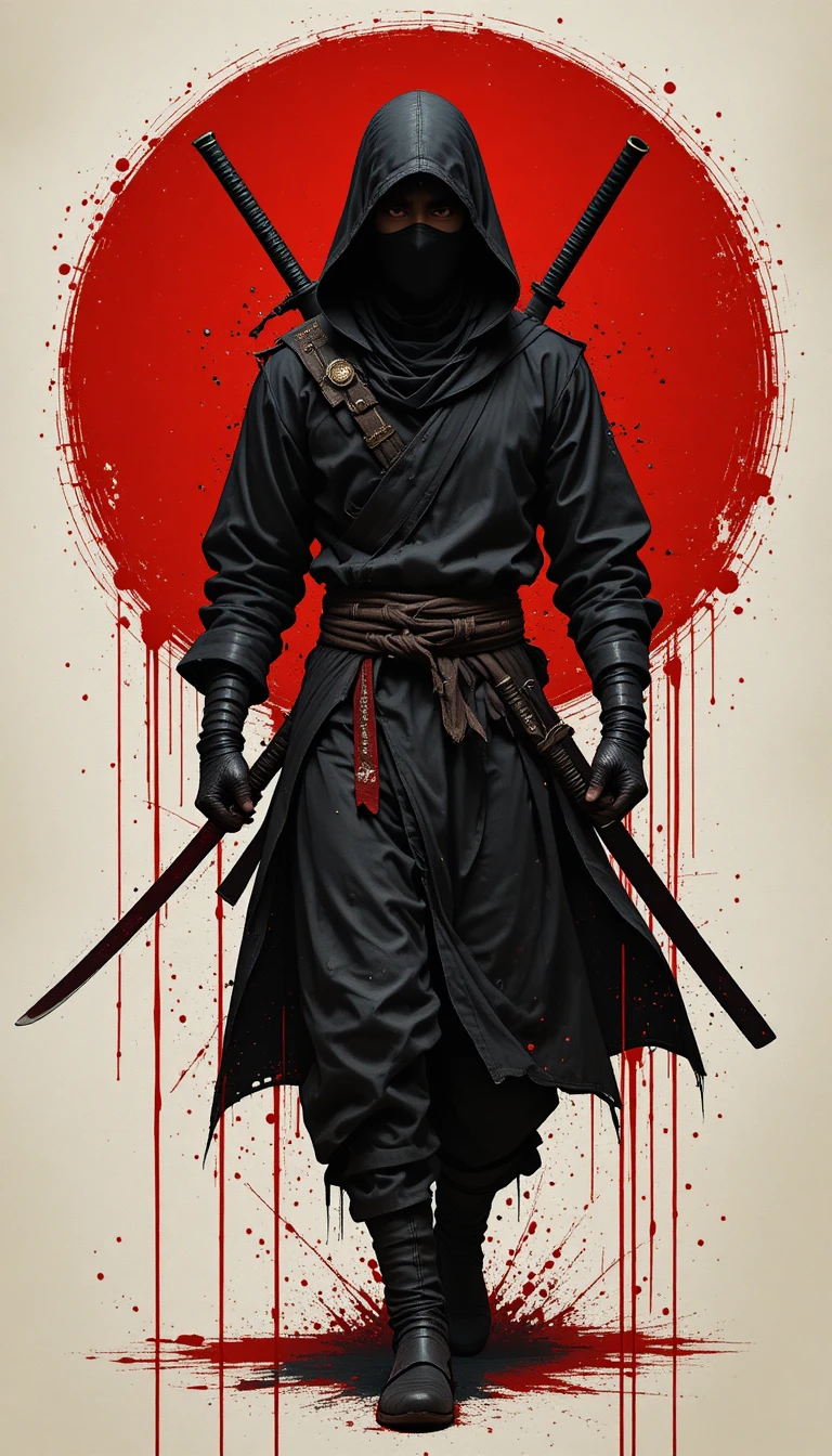 Ninja with katana against bold red circular backdrop