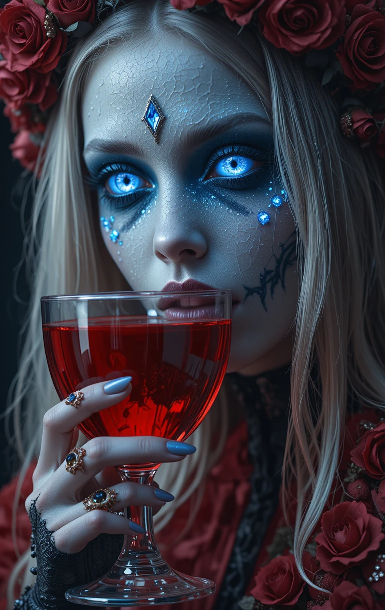 Creepy ghoul woman with glowing blue eyes and goblet