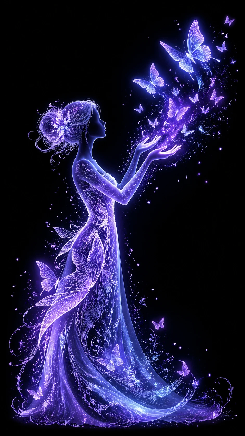 Glowing silhouette woman releasing luminous butterflies into darkness