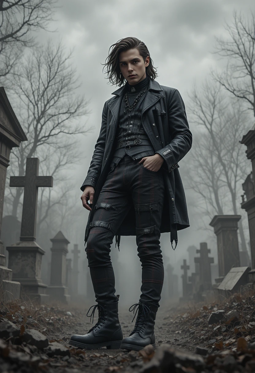 Gothic woman in plaid standing in a foggy graveyard