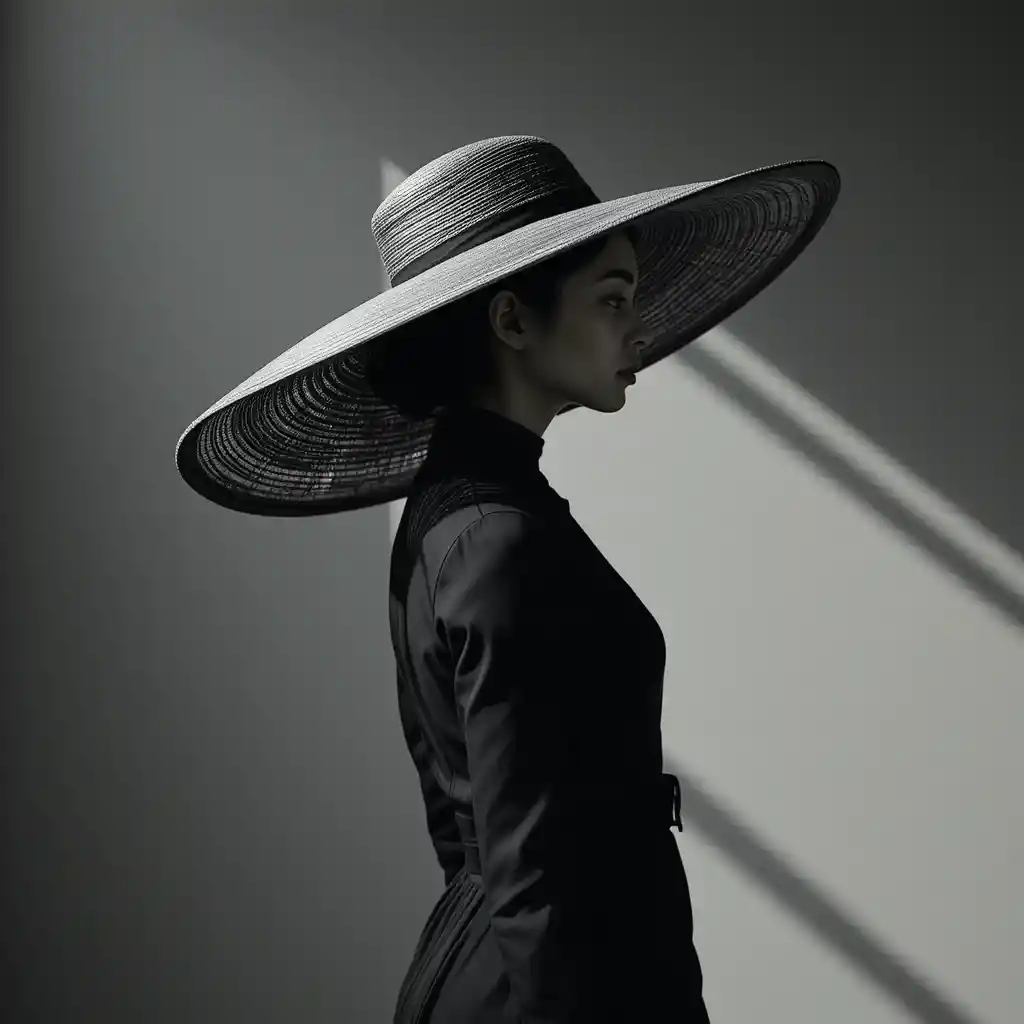 Elegant woman in black dress with wide grey hat