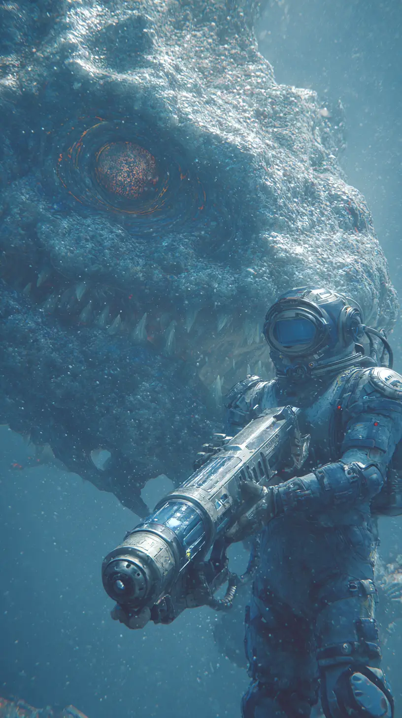 Futuristic deep sea diver battles a colossal kaiju monster