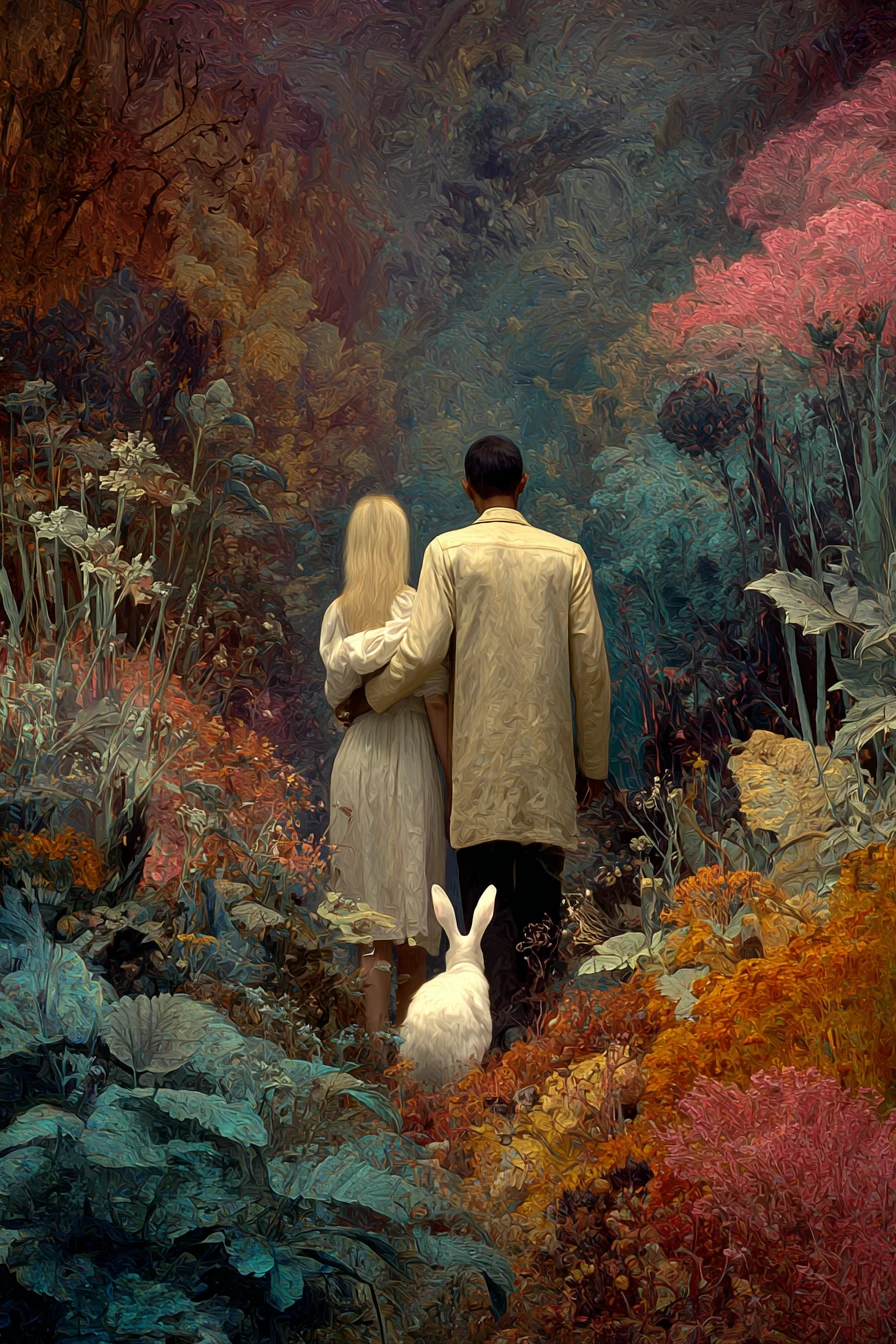 Middle aged couple parting in a surreal evening jungle maze