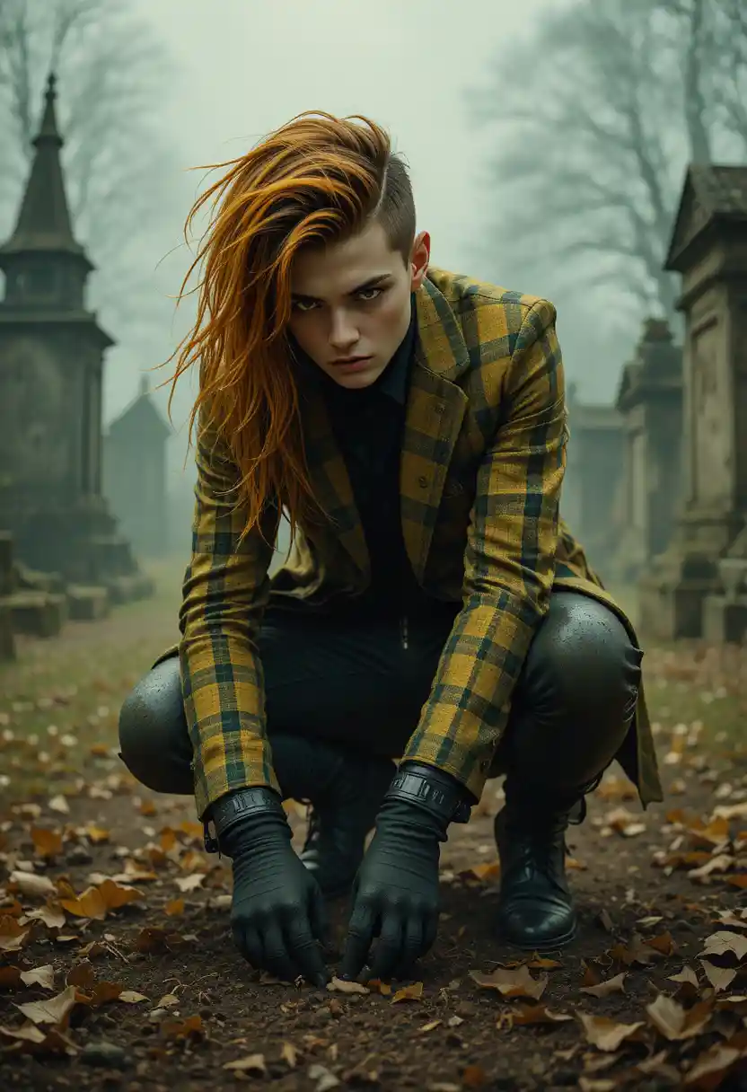 Gothic woman crouching in a foggy graveyard at night