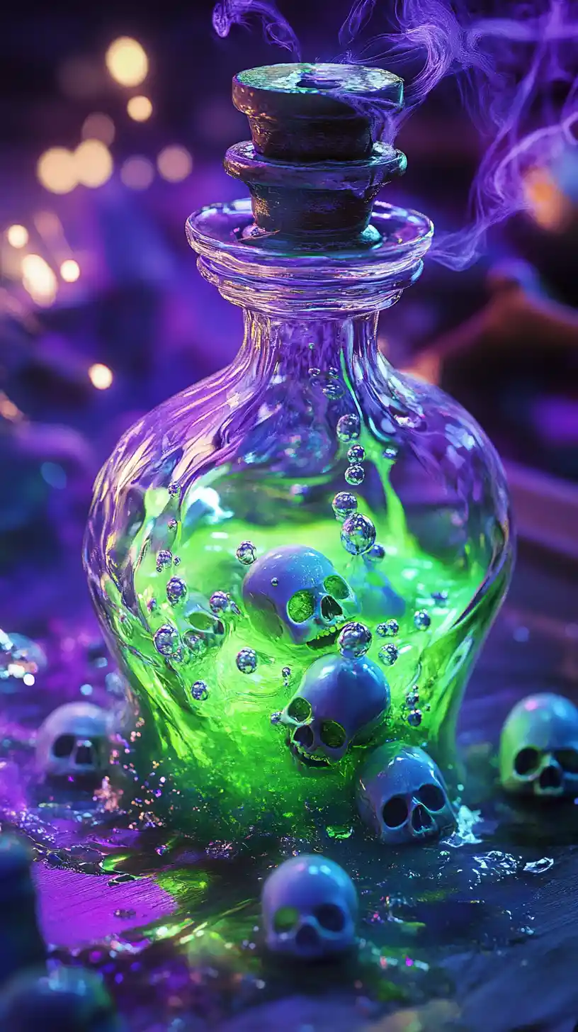 Glowing Slime Creature Emerging From Antique Potion Bottle