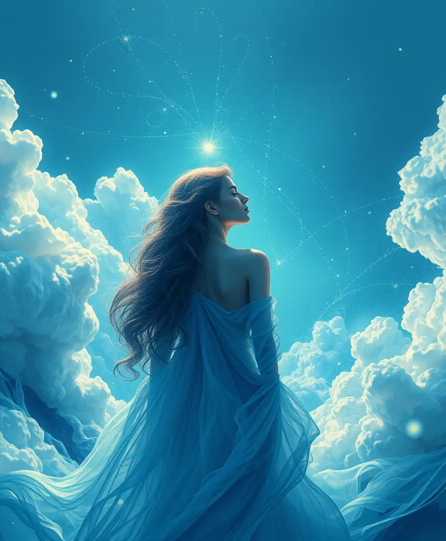 Graceful surreal figure drifting into a serene blue realm