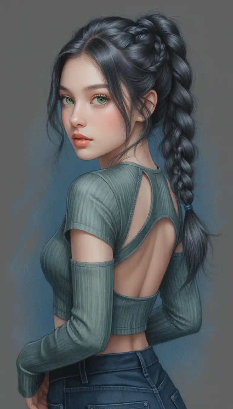 Stylish anime woman in back pose with braided hair