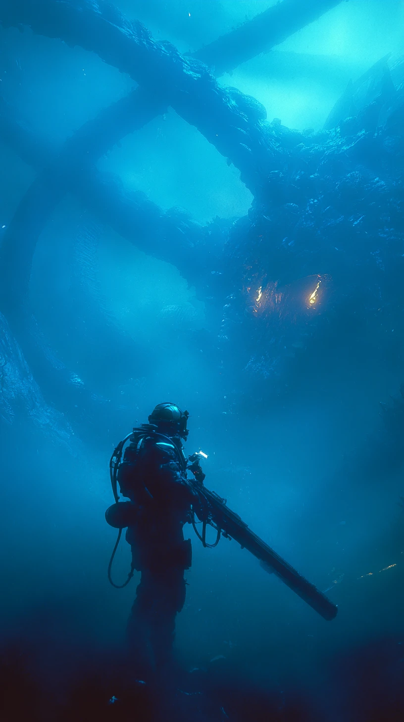 Futuristic deep sea diver battling a colossal kaiju underwater