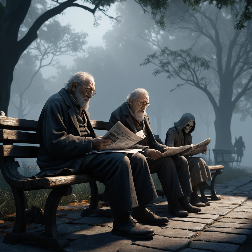 Old man reading on a bench with looming death figure