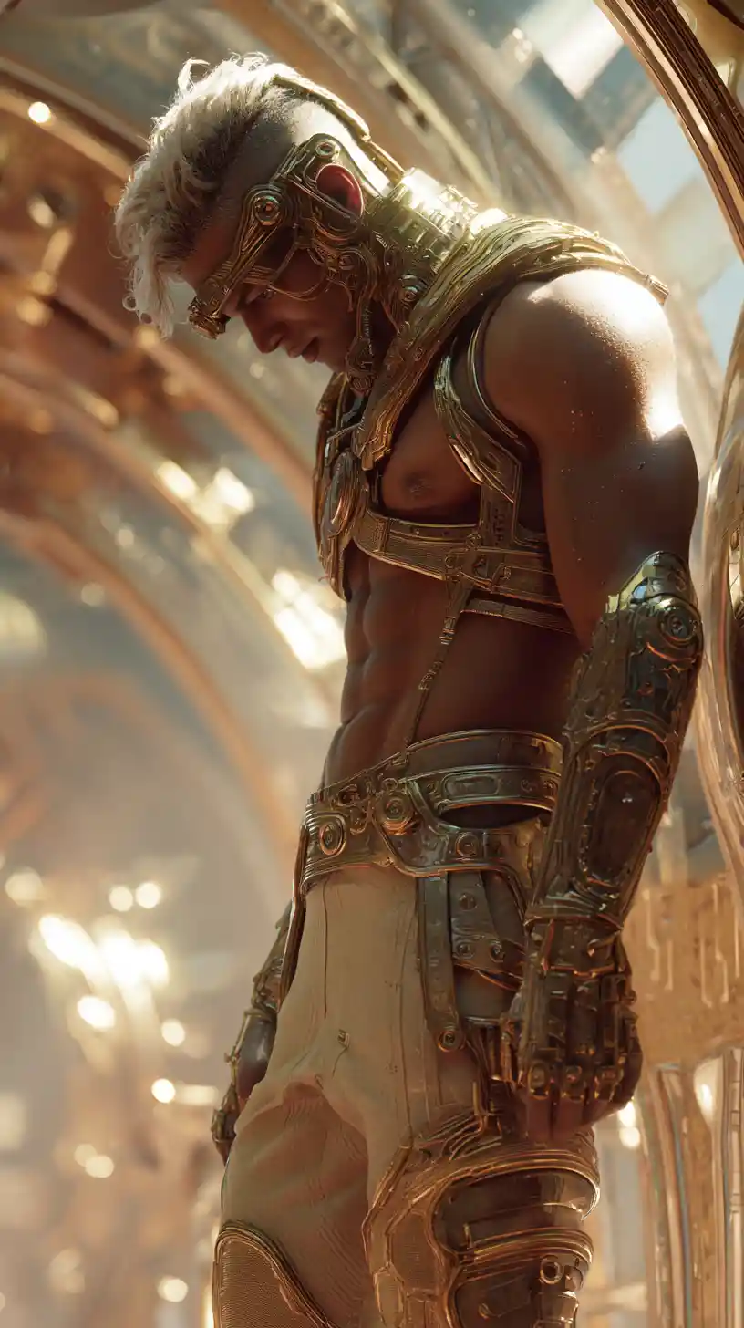 Frightened Futuristic Warrior In A Decadent Spacecraft Interior