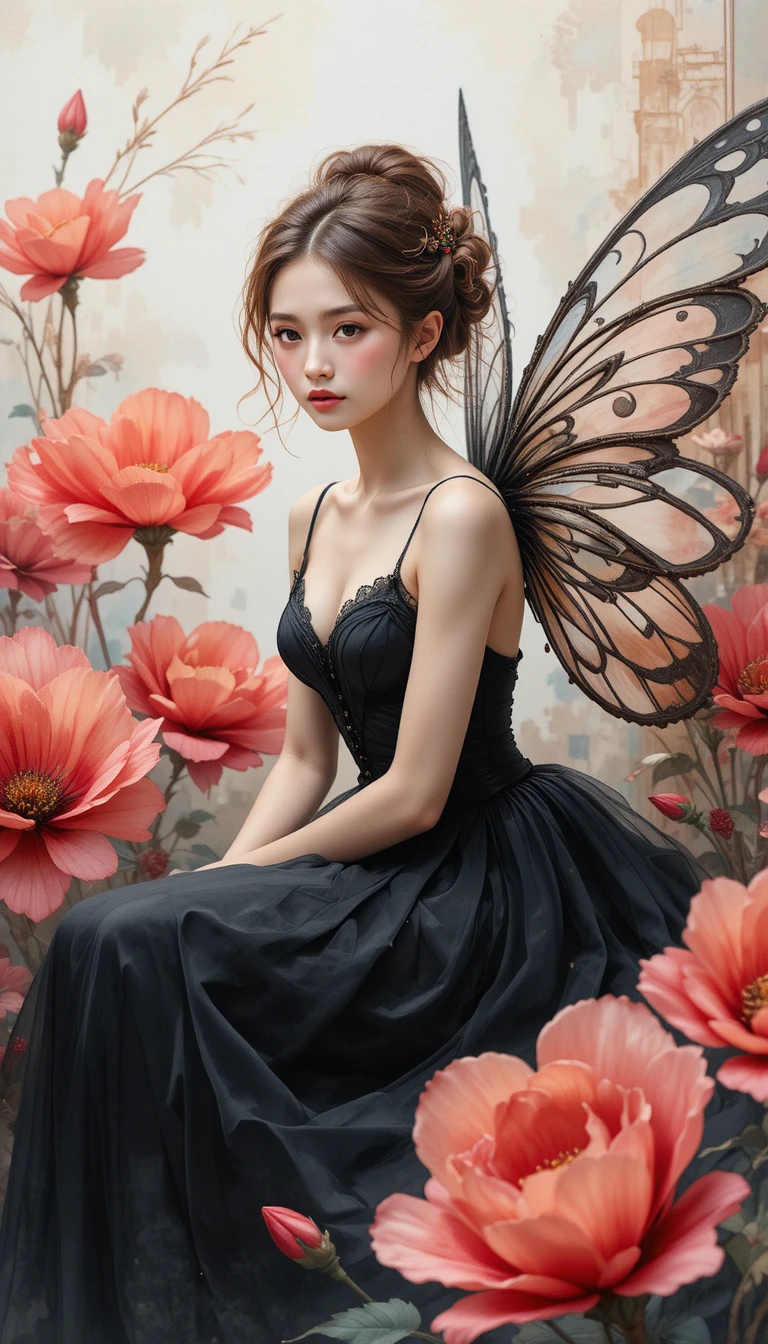 붉은 꽃 속 우아한 요정 수채화 클로즈업 장면