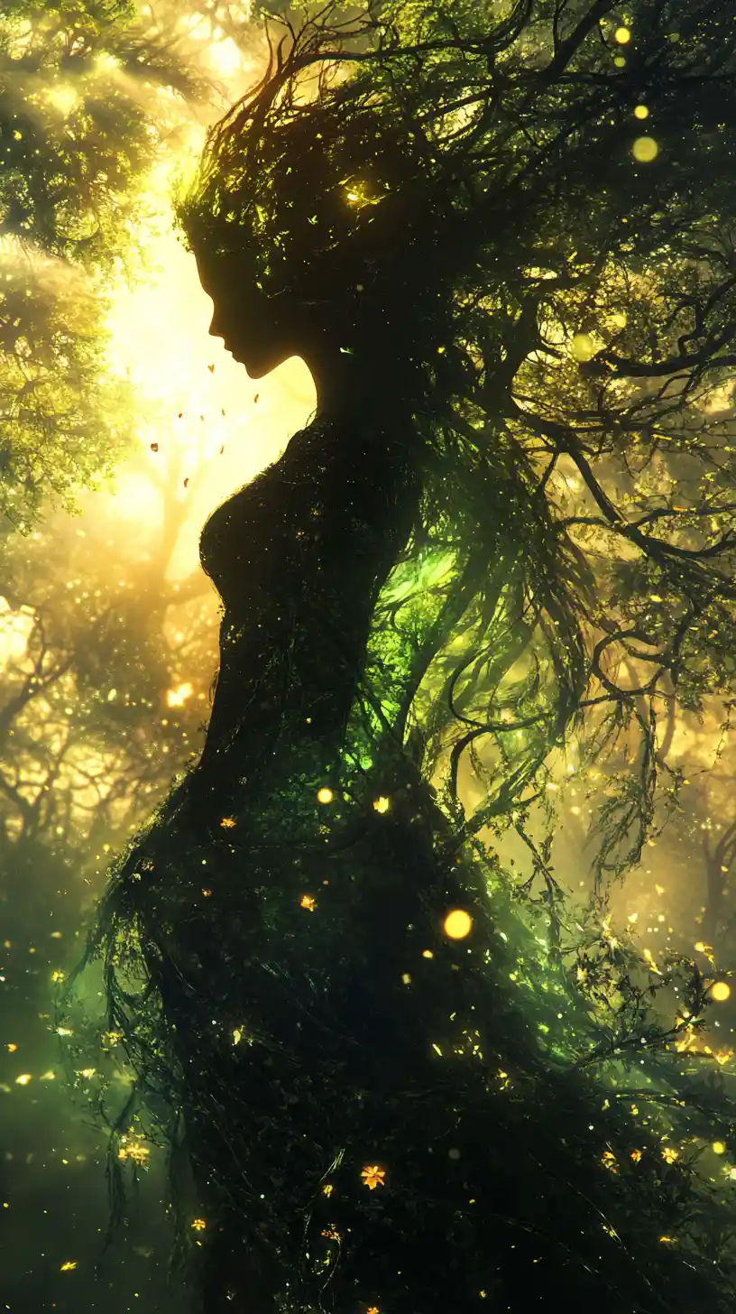Sagoma di regina mistica fusa con una foresta incantata