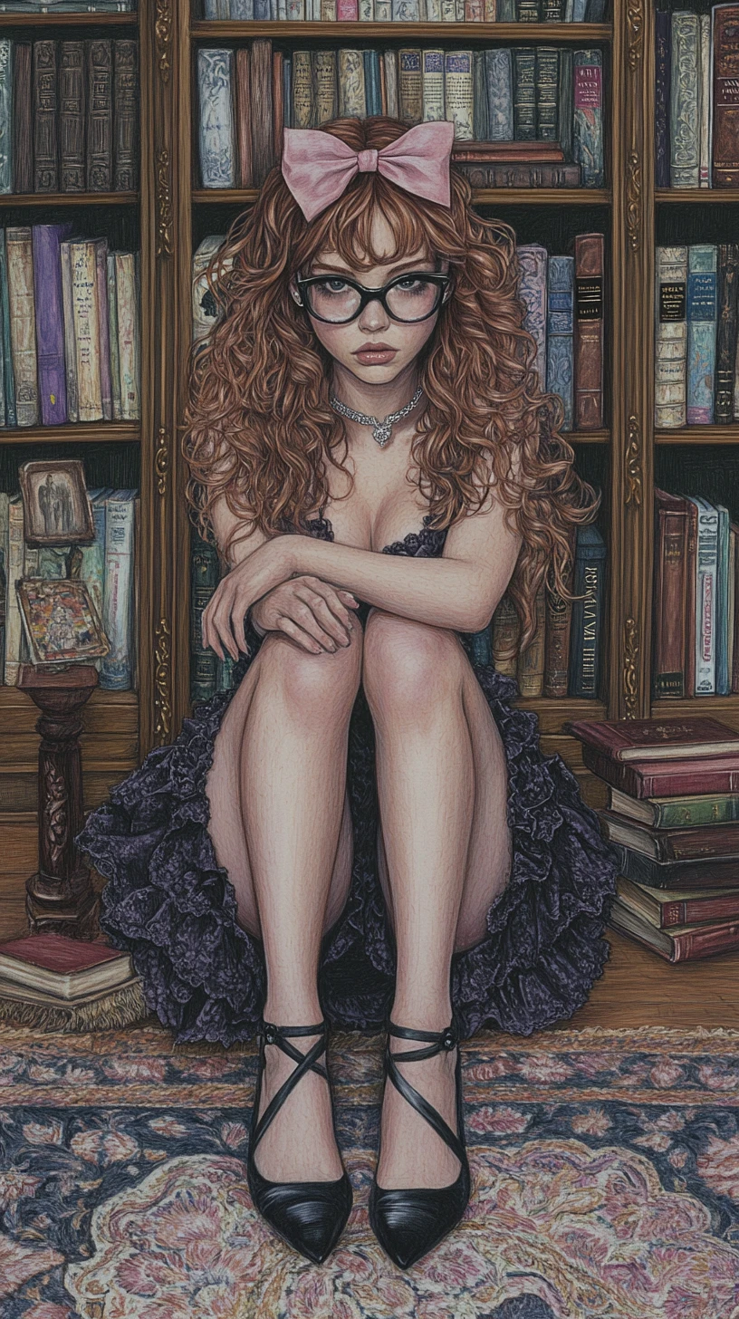 Curly haired anime girl in a purple dress in library