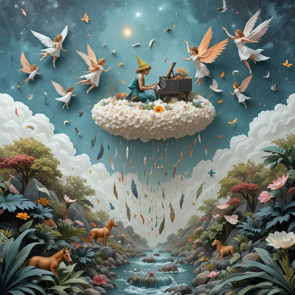 Magical elf playing piano on a cloud for dancing angels
