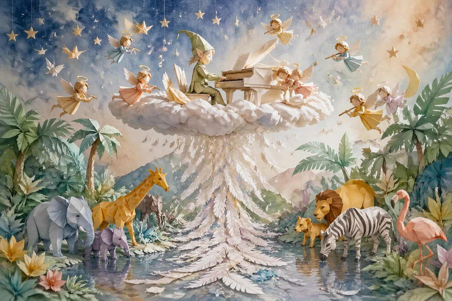 Joyful elf playing piano on a cloud with dancing angels