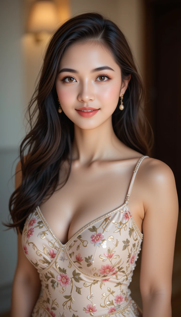 Elegant athletic woman in floral dinner gown portrait