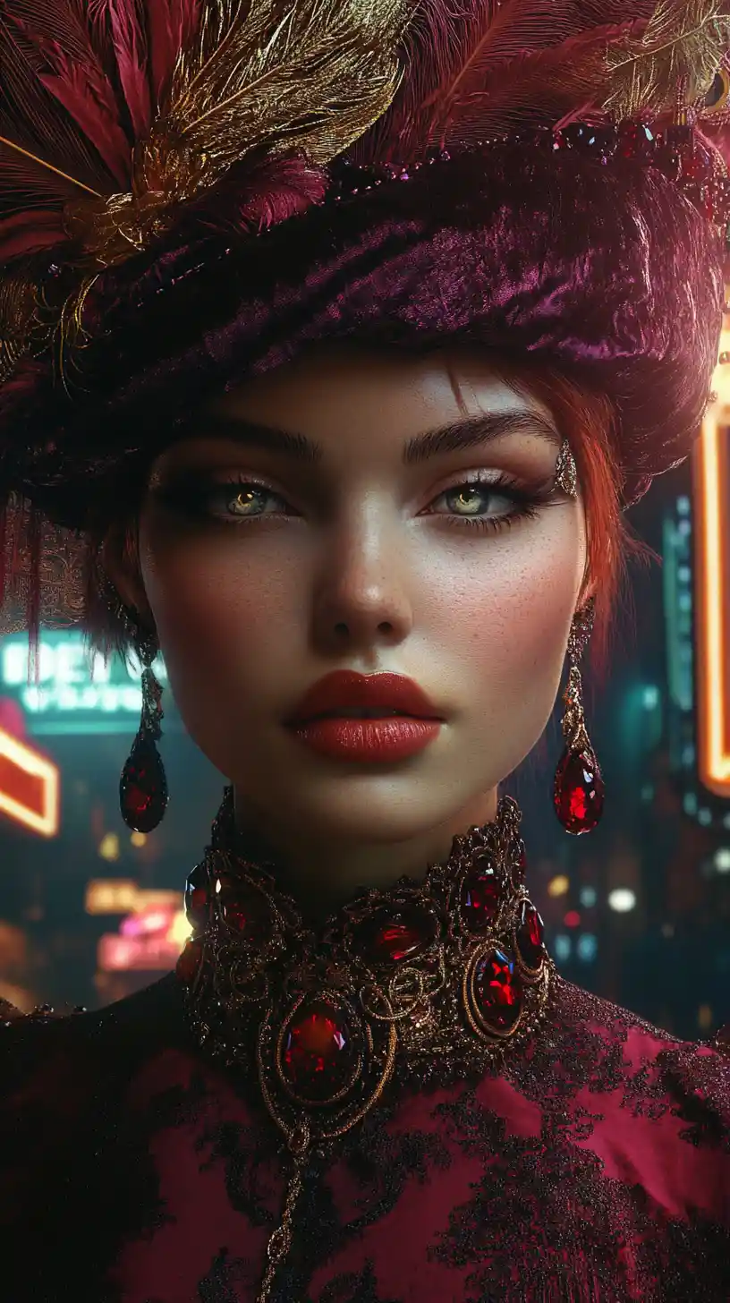 Cinematic portrait of a woman in neon lit cyberpunk city