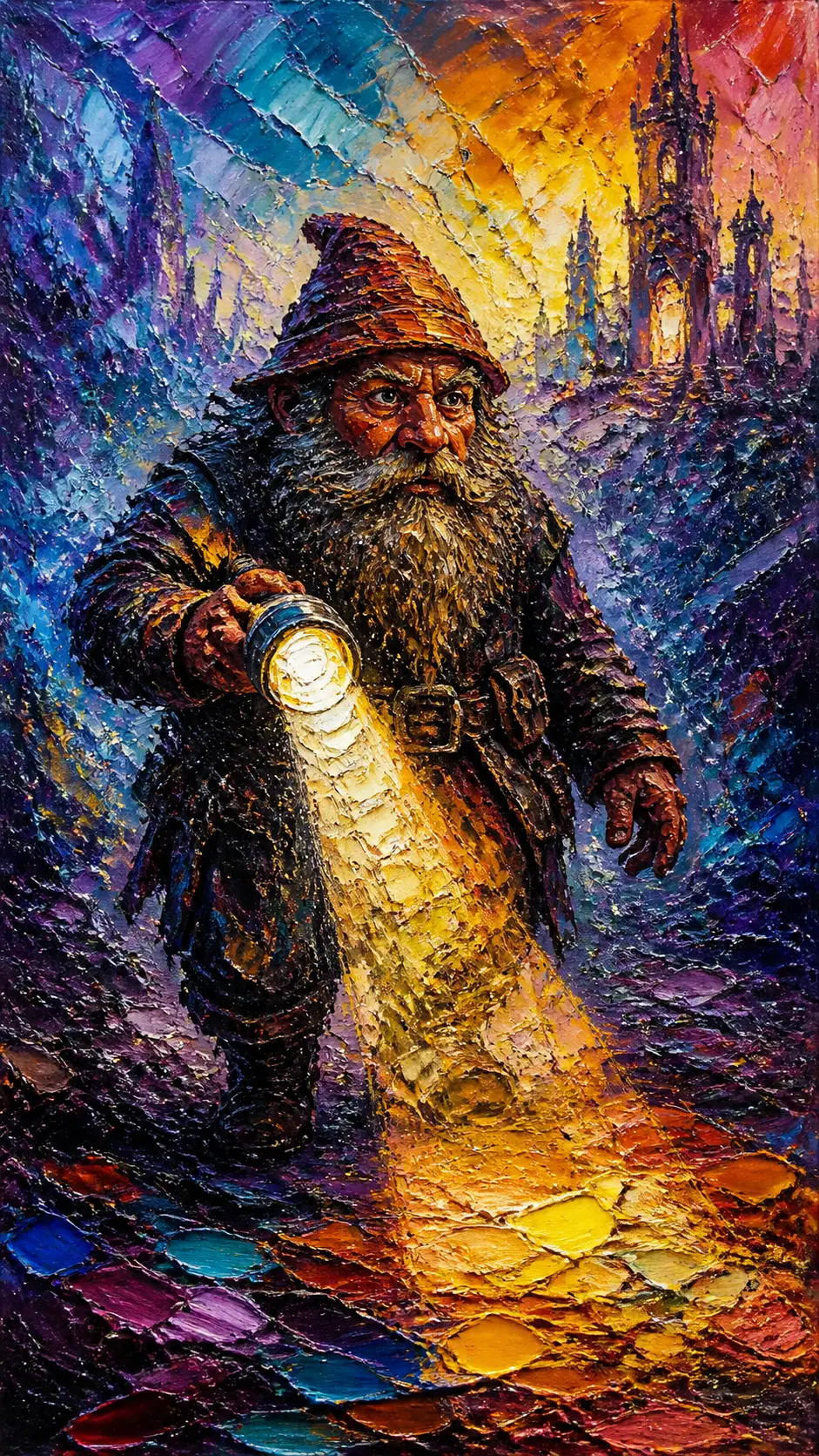 Dwarf Holding A Flashlight In Expressive Oil Painting Style