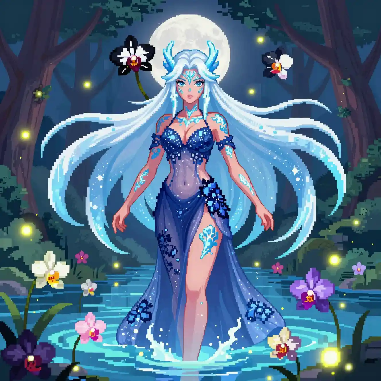 Ice goddess woman in a mystical orchid forest