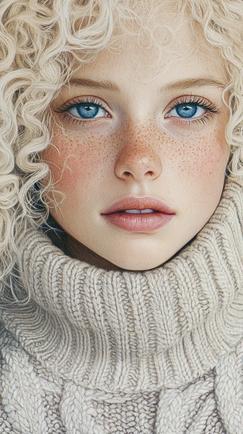 Albino girl portrait in blue pen and colored pencil