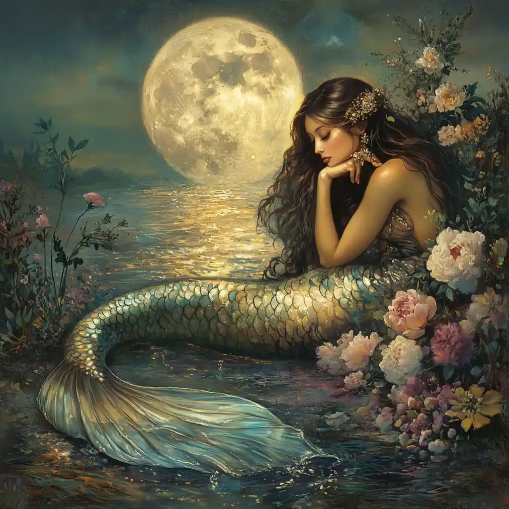 Mystical mermaid resting by a moonlit tranquil lake
