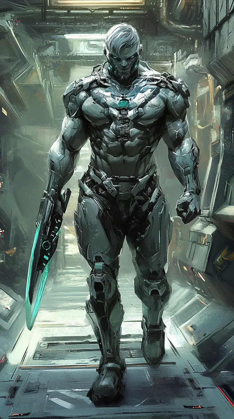 Frightened futuristic male warrior in a decadent spacecraft