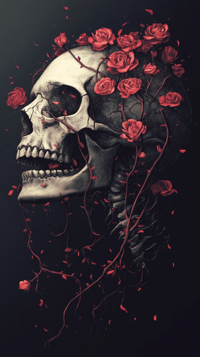 Skull entwined with roses blooming from its silent mouth