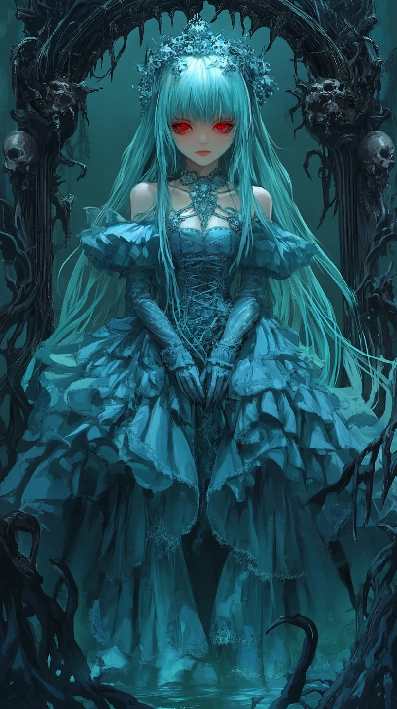 Ragazza anime gotica in uno specchio turchese luminoso