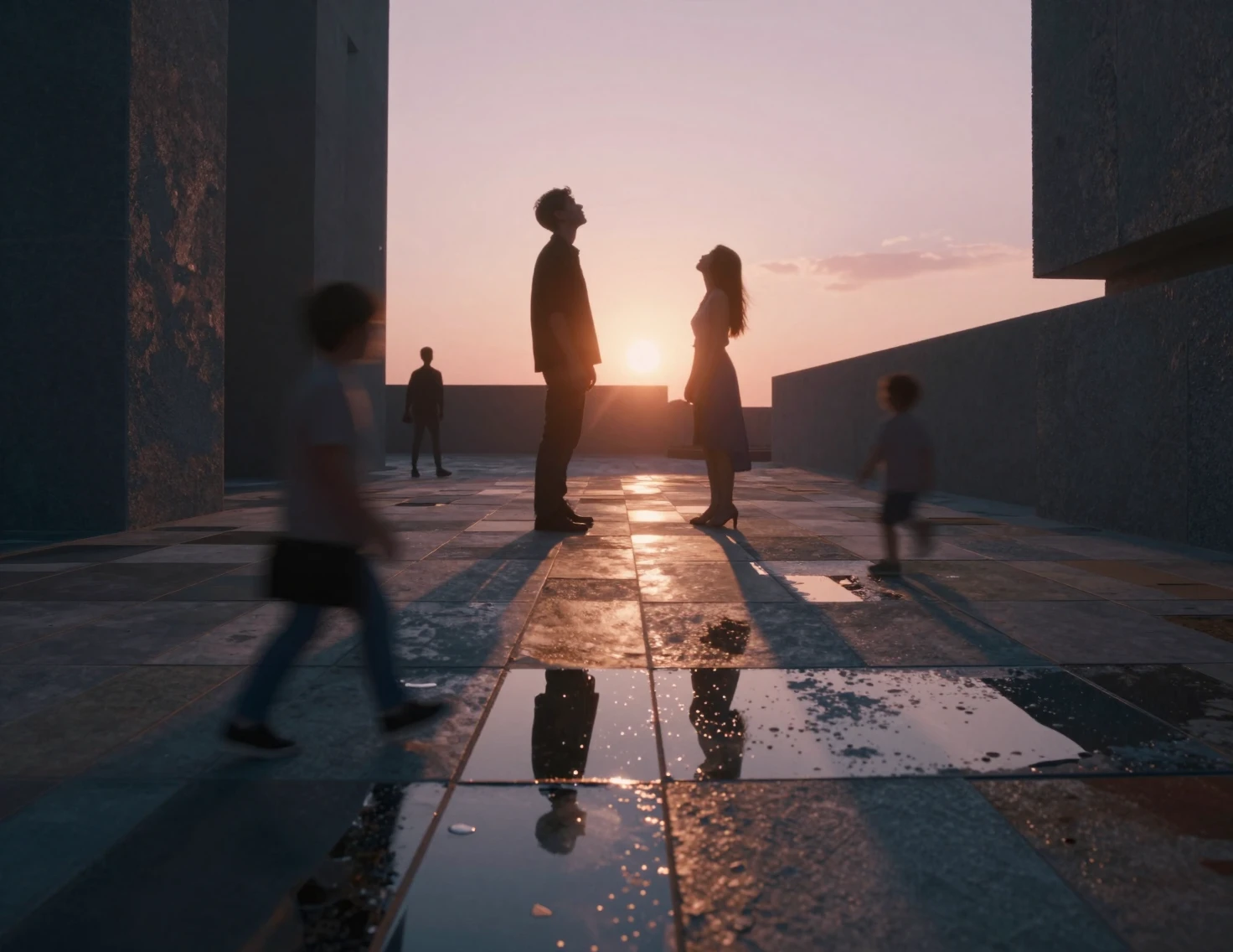 Low angle city romance under a glowing sunset sky