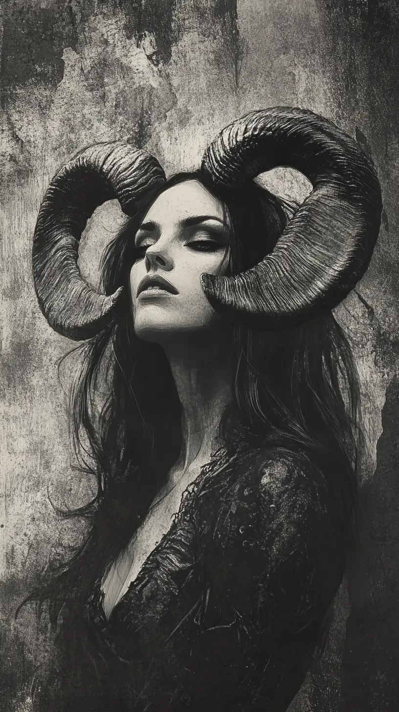 Horned woman portrait in dark graphite fantasy style
