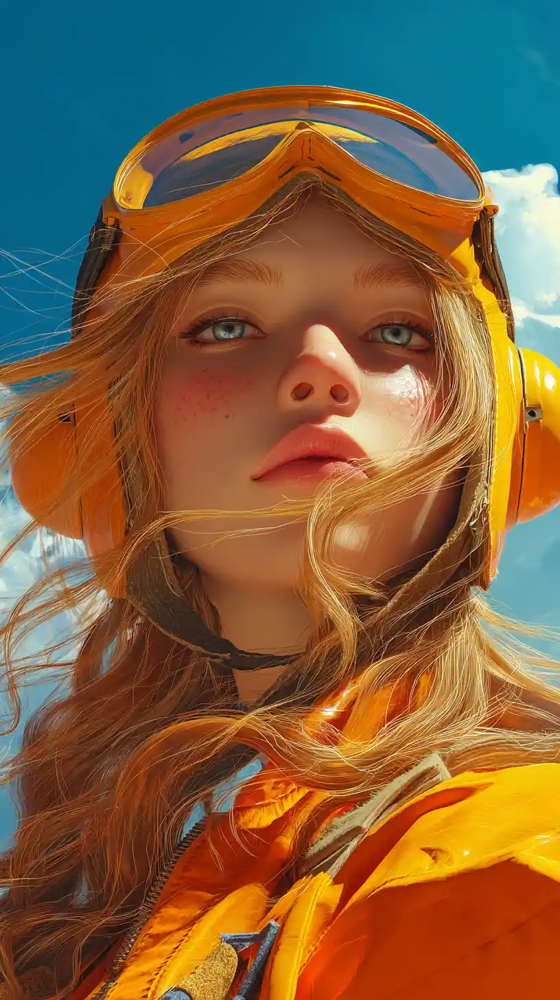 Teenager-Mädchen mit Pilotenhelm vor strahlend blauem Himmel