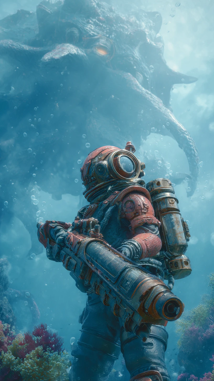 Futuristic deep sea diver battling a giant underwater monster