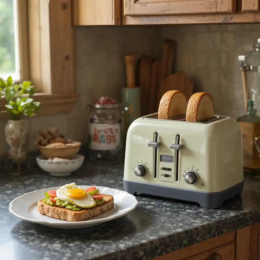 Cozy duck themed kitchen with toaster and avocado egg toast