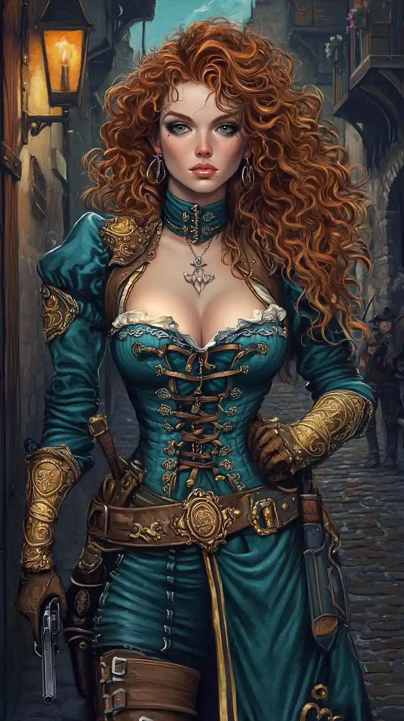 Fantasy warrior woman on a lantern lit cobblestone street