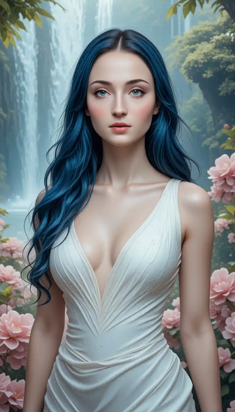 Blue haired woman by a waterfall in a serene paradise