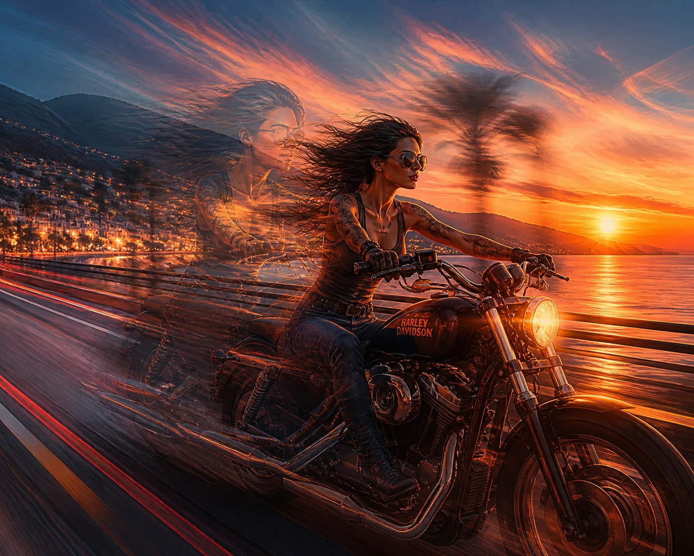 Bold female biker on a motorcycle at sunset coast